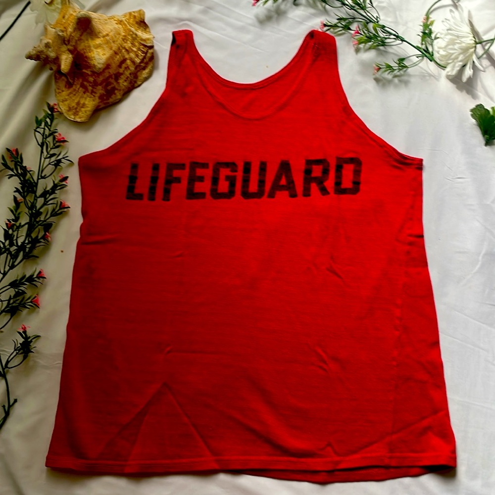 Lifeguard Red Tank Top Black Lettering Heavy Stretch Unisex Size Medium